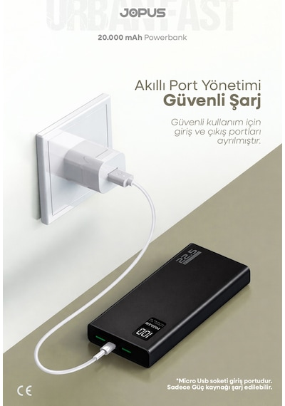 Jopus 20000mah Powerbank Pd 22.5w Hızlı Şarj - Dijital Ekranlı - Taşınabilir Şarj Cihazı Siyah