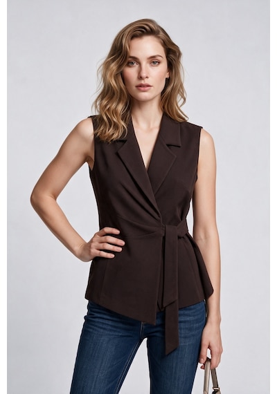 Ekol Kadın Kuşaklı Çentikli Yaka Kolsuz Blazer Yelek Kahve