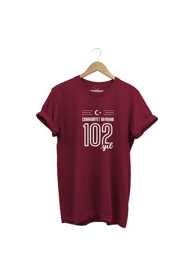 102. Yıl 29 Ekim Cumhuriyet Bayramı Baskılı Ay Yıldız %100 Pamuk Regular Fit Unisex T-shirt Bordo