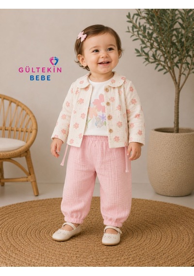 Elci Baby Müslin Kumaş Çiçek Ceketli Kız Üçlü Takım 9-24 Aylık - Öz3253410 - Pembe