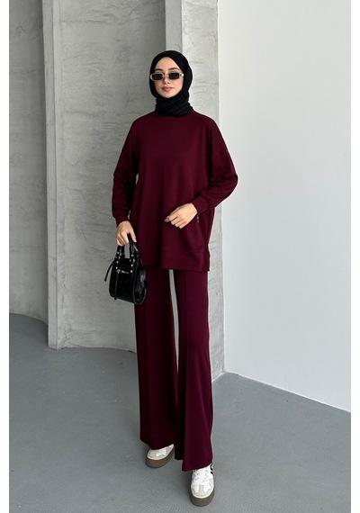 Feela Moda Kadın Modal Penye Oversize Tesettür Tunik Takım 2020 Bordo