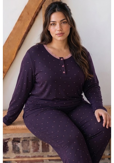 Siyah İnci Mor Desenli Büyük Beden Battal Boy Düğmeli Viskon Örme Pijama Takım 26224866