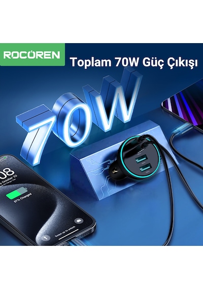 Rocoren 70w 4 Portlu 2 Type-c 2 Usb-a Led Işıklı Araç İçi Hızlı Şarj Cihazı