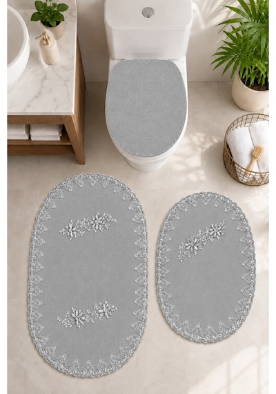 3lü Set Gri Fransız Dantelli Lüks Banyo Paspası Kaymaz Tabanlı Çeyizlik Hediyelik Banyo Paspas Seti