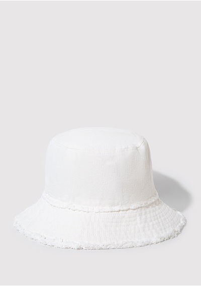 Mavi - Mavi Nakışlı Beyaz Bucket Şapka 1913102-620