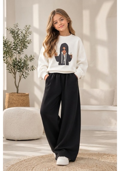 Emila Kids Aksesuarlı Kız Eşofman Takımı Oy-sho Kumaş Beyaz - Siyah