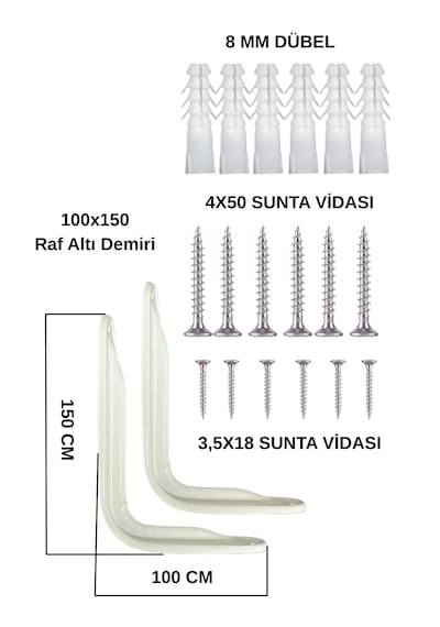 Raf Altı Ayak Tutucu L Demiri 100x150 Beyaz Montaj Aparatı 2 Adet Beyaz