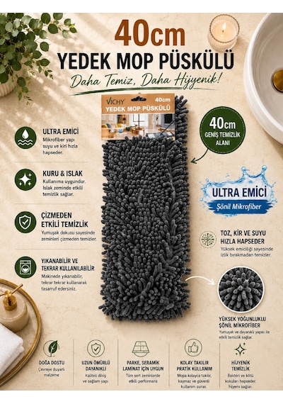 Yedek Mop Püskülü 40 Cm Şönil Mikrofiber Mop Başlığı Ultra Emici Yıkanabilir Bez Vıchy-7035