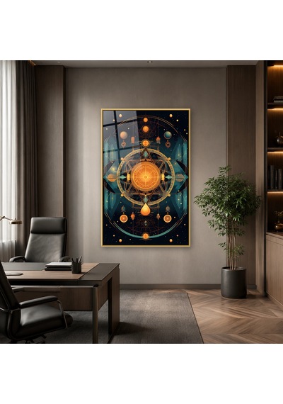 Turuncu Turkuaz Kozmik Geometri Gold Çerçeveli Cam Tablo