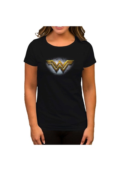 Wonder Woman Gold Logo Siyah Kadın Tişört Siyah