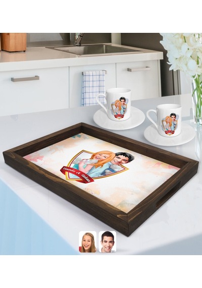 Kişiye Özel İsimli Sevgililer Karikatürlü Doğal Ahşap Tepsi Ve 2 Li Kahve Fincan Seti-87