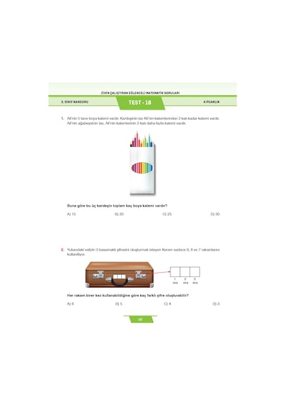 3. Sınıf Zihin Çalıştıran Eğlenceli Kanguru Matematik Soruları