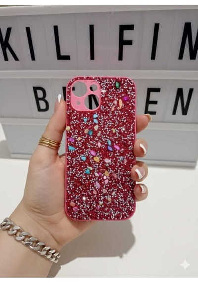 Apple Uyumlu iPhone 15 Taşlı Kılıf Modeli Kirmizi