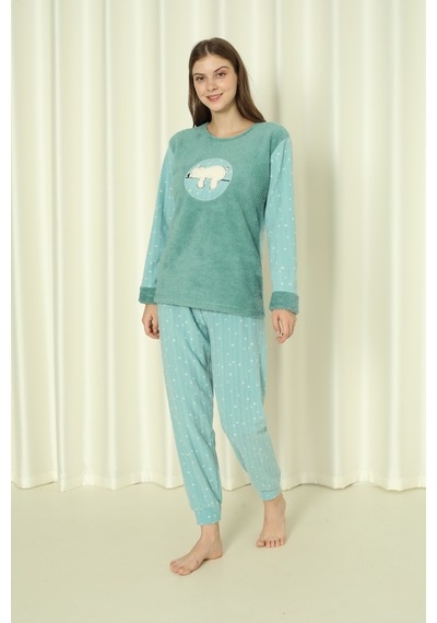 Wordex Fawn 3312 Peluş Welsoft Polar Kışlık Yumoş Uyuyan Ayılı Kadın Pijama Takımı Yeşil