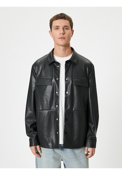 Koton Suni Deri Ceket Gömlek Yaka Çıt Çıt Düğmeli Kapaklı Çift Cep Slim Fit Siyah 5wam20117hw Siyah