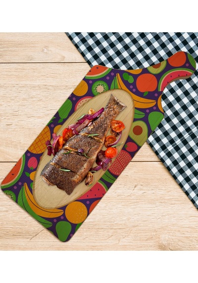 Bk Gift Meyveler Tasarımlı Dikdörtgen Şeklinde Doğal Ahşap Servis Ve Sunum Tabağı Model 1