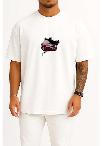 Bahriyeli Collection Oversize Mercedes W124 Classic Araba Göğüs Baskılı Unisex T-shirt Beyaz