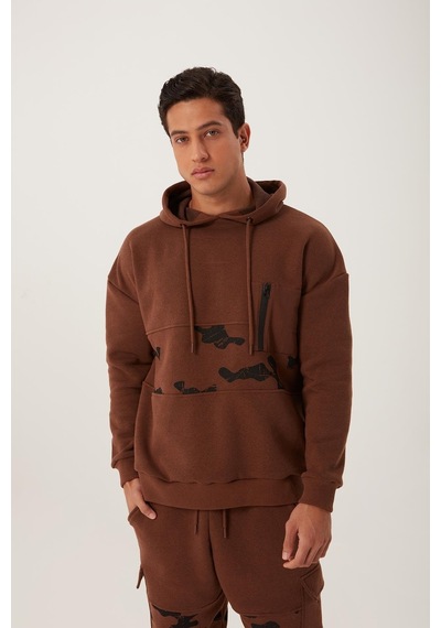 Polostate Erkek Kamuflaj Baskılı Kapüşonlu Sweatshirt Kahverengi