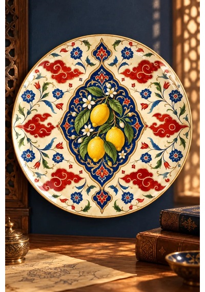 Dekoratif Duvar Tabağı Limonlu Saray Bahçesi Dekorlu Seramik Tabak Yeşil