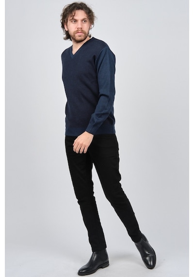 Ateş Triko Erkek V Yaka Desenli Yün Kazak 6091746 Indigo Indigo İndigo