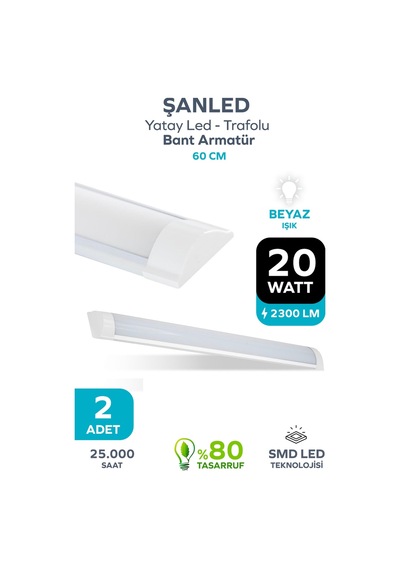 60 Cm 20 Watt Yatay Led Bant Armatür-trafolu Beyaz Işık-2 Adettir Beyaz