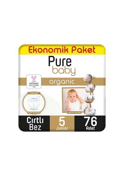 Pure Baby Organik Pamuklu Cırtlı Bez Ekonomik Paket 5 Numara Junior 76 Adet