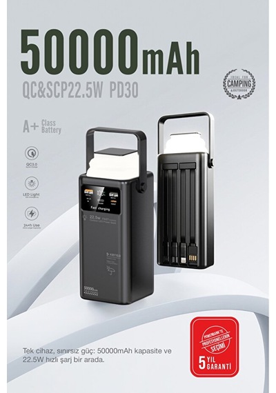50.000 Mah Outdoor Led Işıklı Hızlı Şarj Powerbank Usb-c & Çoklu Cihaz Desteği Siyah
