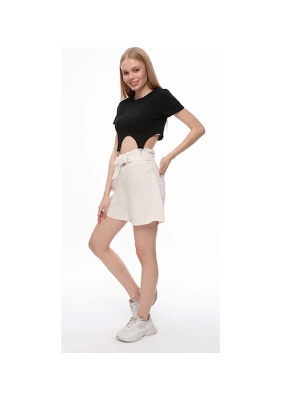 Hgfashion Kadın Beli Kemerli Yüksek Bel Krem Renk Kot Şort Krem