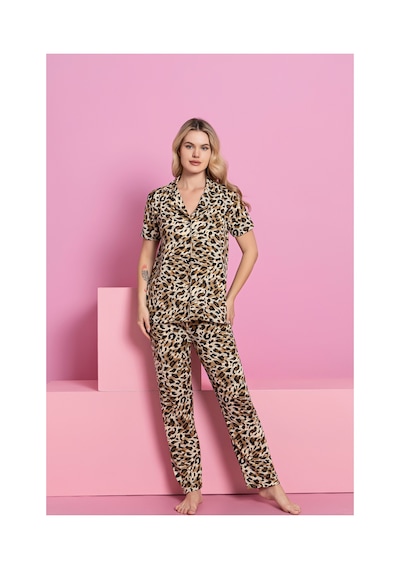 Rindahomewear Kadın Milan Düğmeli Pijama Takımı Kahverengi