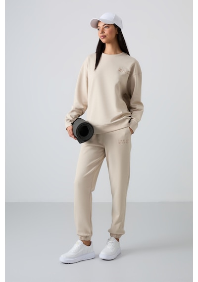 Tommy Life Bej Basic Pamuklu O Yaka Oversize Lastik Paça Kadın Eşofman Takım - 95287 Bej