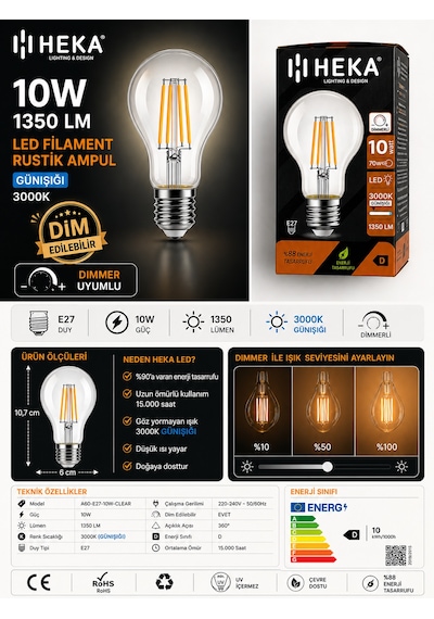 8 Adet Heka 10w Günışığı 3000k E27 Duylu Dim Edilebilir Led Rustik Ampul