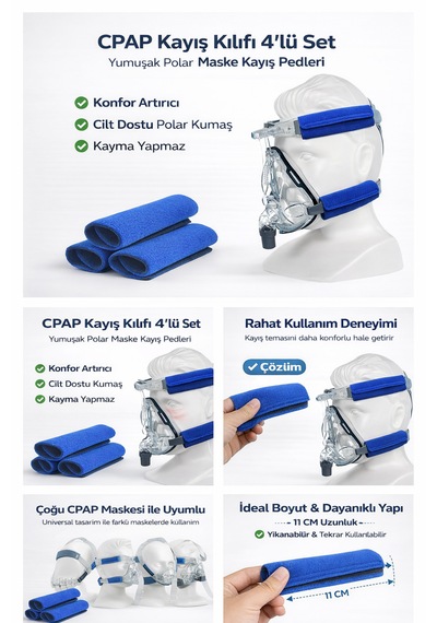 Cpap Kayış Kılıfı 4 Lü Set Yumuşak Polar Maske Kayış Pedi Tam Maske Uyumlu