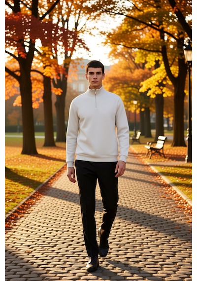 Benerly Erkek Dik Yaka Fermuarlı Standart Kol Regular Kalıp Sweatshirt Fo Ekru