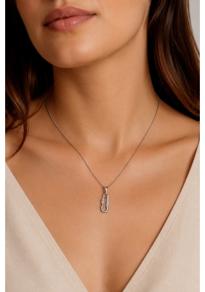 Balenbi Jewelry Kadın Taşlı Karabina Figürlü Gümüş Renk Kararmaz Çelik Kolye 1156