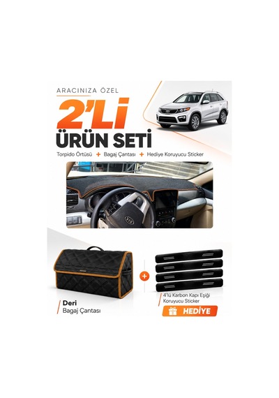 Kia Sorento 2009-2014 Uyumlu Torpido Örtüsü + Deri Bagaj Çantası + Sticker Seti - Siyah Kahverengi