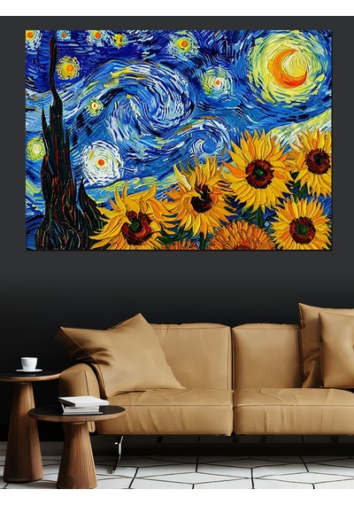 Van Gogh Yıldızlı Gece Ayçiçekleri Dekoratif Kanvas - Mdf Ahşap Tablo