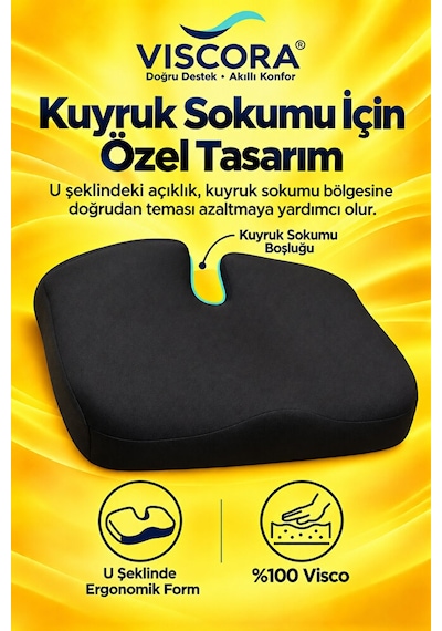 Visco Kuyruk Sokumu Oturma Minderi Araba, Ofis Ve Ev İçin U Şekilli Kaymaz Taban Siyah