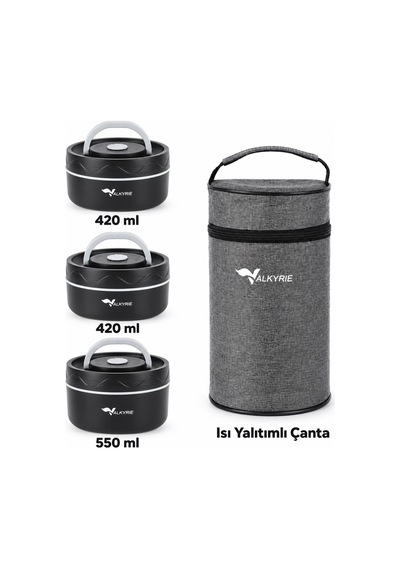 Valkyrie 3 Katlı Taraftar 304 Paslanmaz Çelik Yemek Termosu 420+420+550ml Isı Yalıtımlı Çantalı Siyah
