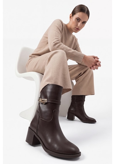 Luvi Shoes Parker Kahverengi Cilt Tokalı Kalın Topuklu Kadın Bot