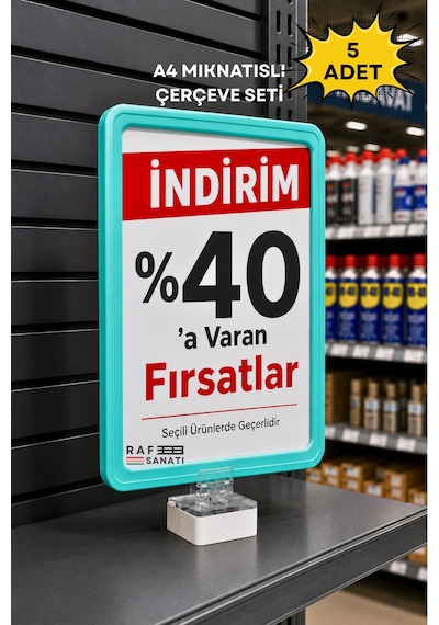 5 Adet - A4 Güçlü Mıknatıs Tutuculu Fiyatlık Etiketlik Dikey Yatay Ve Bilgilendirme Çerçevesi Turkuaz 1