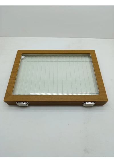 Cam Kapaklı Deri Kumaş Kahve-krem Renk 34 Cm / 24 Cm Bileklik Sergileme Standı