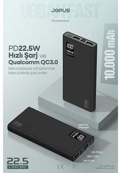 Jopus 10000mah Powerbank Pd 22.5w Hızlı Şarj - Dijital Ekranlı - Taşınabilir Şarj Cihazı Siyah