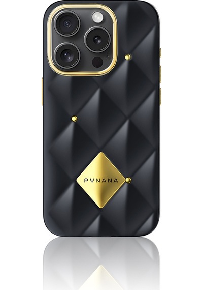 Apple Uyumlu iPhone 16 Pro Kılıf Parlak Arka Yüzeyli Kabartma Kapitone Pynana Metal Diamond Serisi Kapak Siyah