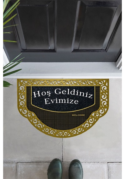 Yarım Ay Modeli Hoş Geldiniz Yazlı Gülen Emoj Desenli Kapı Önü Paspası Altın Rengi Altın