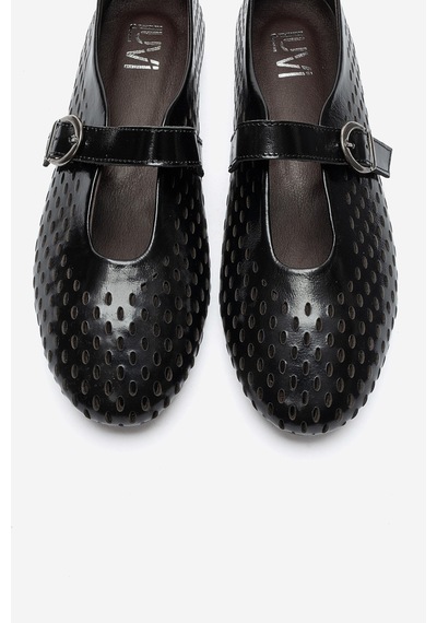 Luvi Shoes Arian Siyah Rugan Hakiki Deri Delikli Kadın Babet Ayakkabı