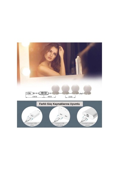 Ers Nostalji Hollywood Tarzı 10'lu Makyaj Aynası Lambası Beyaz Led Işıklı Lamba Usb