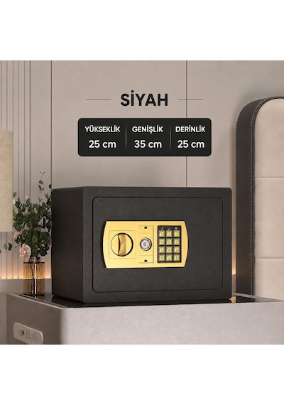 25 Lik Elektronik Şifreli Ve Anahtarlı Çelik Para Kasası Dijital Panelli, 35 25 25 Cm
