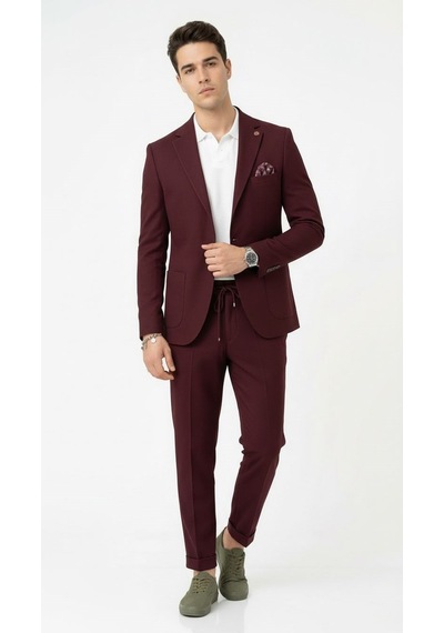 Pike Kumaş Jogger Pantolonlu Erkek Takım Elbise Torba Cepli Tek Düğme Slim Fit Kombin Bordo Pike Kumaş Jogger Pantolonlu Erkek Takım Elbise Torba Cepli Tek Düğme Slim Fit Kombin Bordo