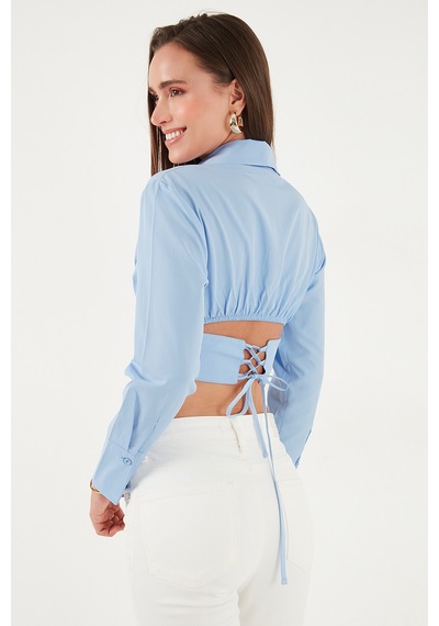 Lela Fitted Fit Pamuklu Korse Detaylı Uzun Kollu Crop Bayan Gömlek 611Go00376 Bebe Mavi