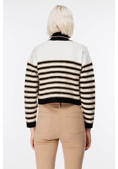 On Kadın Crop Hırka - Minimalist Çizgili Uzun Kol - Günlük Şıklık Ekru